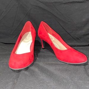 Red suede baby heels